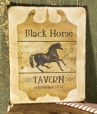 Vintage Primitive Folk Art Old Style Black Horse Tavern Advertising Canvas Sign