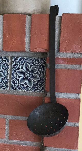 Primitive Antique Fireplace Skimmer Strainer Ladle Spoon Hand Forged Metal 12”