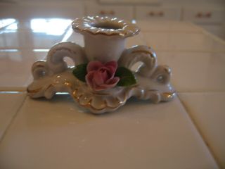 Vintage Porcelain Dresden Candle Holder With A Pink Rose And Gold Trim