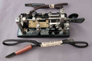 1924 Vibroplex Japanned Telegraph Key " Bug " With 2 Wedge Cords,  Western Union