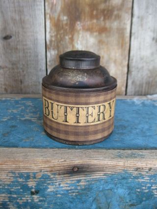 Early Antique Pantry Tin Homespun Sleeve Buttery Label