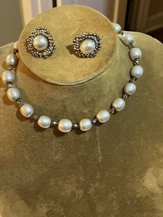 Vintage Signed Miriam Haskell Baroque Faux Pearl Necklace And Large Earring Set