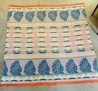 Vintage Native Themed Cotton Camp Blanket.  60 " X 60 ".  Unusual Pastel Colors.