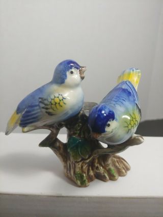 2 Small Vintage Blue And Yellow Birds On A Branch 3 In High