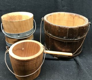 3 Pc Antique Primitive Small Wooden Firkin Sugar Bucket Mini 4” 3 1/4” 2 1/2”