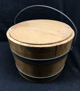 Antique Spaulding And Frost Small Wood Bucket Firkin W Lid Fremont N.  H.  4 3/4”