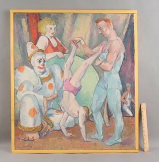 Large Frederick Buchholz Post - Impressionist Circus Acrobats & Clown Oil Painting