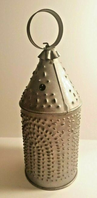 Antq Galvanized Tin Punched Paul Revere Style Lantern Candle Holder Primitive