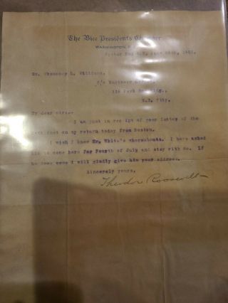 Vice President Teddy Roosevelt Signed Letter