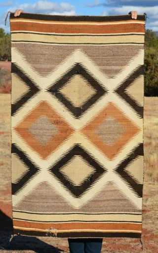 Vintage Navajo Indian Rug - Serrated Diamond Design In Browns Tans Grey White