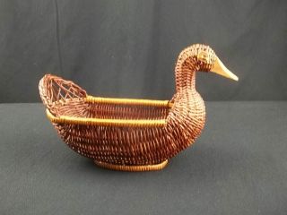 Duck Shaped Wicker Basket Brown Wooden Beak Fan Tail