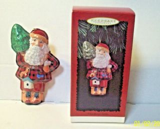 1996 Hallmark Woodland Santa Pressed Tin Christmas Ornament Ships