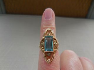 Antique Art Deco Blue Topaz 10K Yellow Gold Filigree Ring Size 4 1/2 3