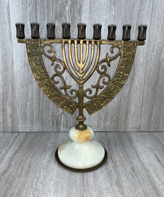 Vintage Menorah Marble Brass Hanukkah Jewish Chanukah Candle Holder Israel Rare