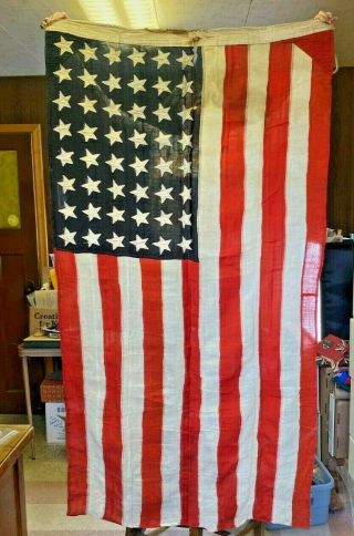 Antique Wartime Linen Hand Sewn American Flag With 48 Stars