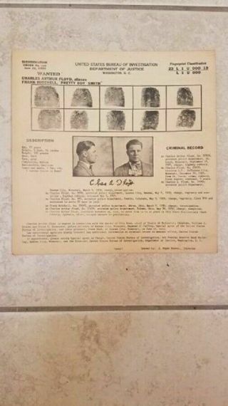 Pretty Boy Floyd Wanted Poster 1934 Authentic With Usps Post Mark