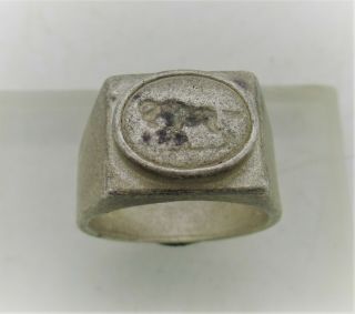 Ancient Roman Military Silver Seal Ring With Animal Impression