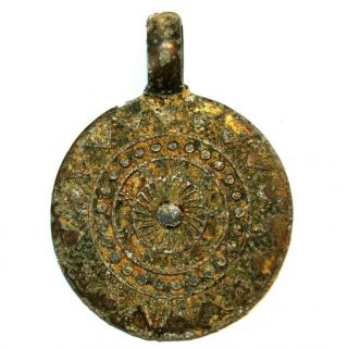 Norse,  Viking Bronze Round Pendant,  Amulet With Decorations 900 - 1000 Ad
