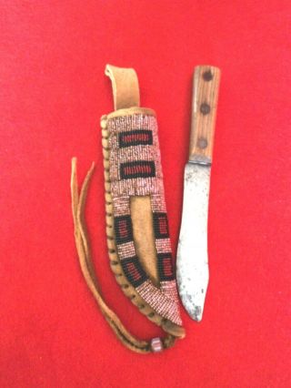 Vintage Trade Knife With Beaded Leather Sheath