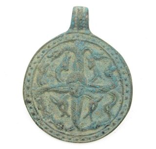 Ancient Rare Viking Kievan Rus Savage Style Bronze Amulet Medallion 10 - 12th Ad