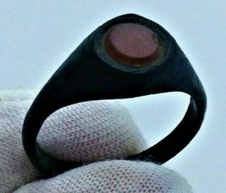 Rare Ancient Roman Bronze Finger Ring With Red Stone - Circa 400ad