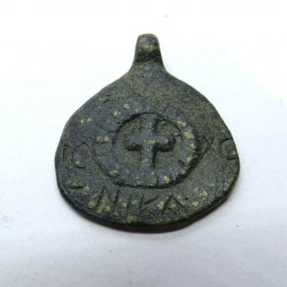 Medieval Ancient Artifact Bronze Pendant With Cross Ic Xc Nika
