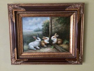 Vintage Hand Painted Oil Painting - Country French Wood Frame 3 Rabbits