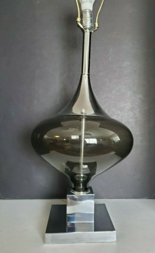 Vtg Mid Century Modern Smoke Glass Saucer Ufo & Chrome Table Lamp