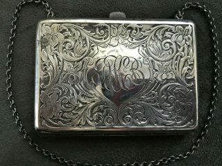 Antique Vintage Sterling Silver & Leather Ladies Coin Purse W/ Chain