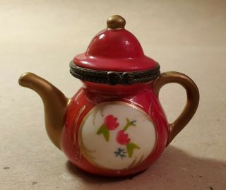 Vintage Ceramic Hinged Red Teapot Trinket Box Stash Box W Hand Painted Flowers