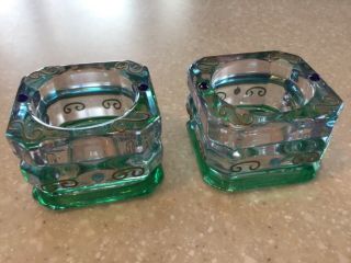 Partylite Heavy Glass Square Votive Candle Holders Green & Blues