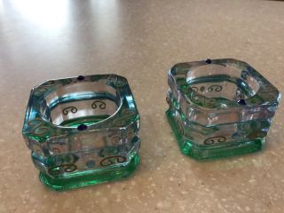 PARTYLITE HEAVY GLASS SQUARE VOTIVE CANDLE HOLDERS GREEN & BLUES 2