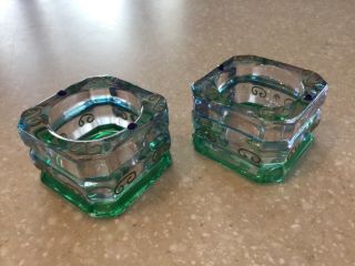 PARTYLITE HEAVY GLASS SQUARE VOTIVE CANDLE HOLDERS GREEN & BLUES 3