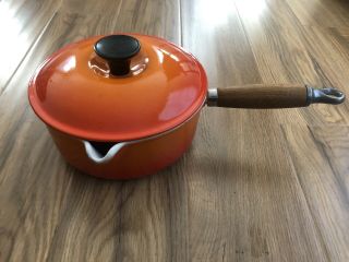 Vtg Le Creuset Cast Iron Flame Red Orange Enamel Wood Handle 18 Spout Saucepan