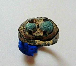 Ancient Roman To Byzantine Bronze Ring With Double Blue Stones,  V - X C.  Ad