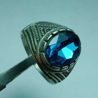 Ancient Roman Silver Seal Ring With Blue Stone Insert