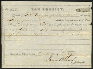 1848 Partly - Printed Texas Tax Receipt Signed By James B.  Shaw