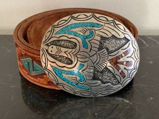 Vintage Native American J.  Nezzie Turquoise And Coral Inlay Belt