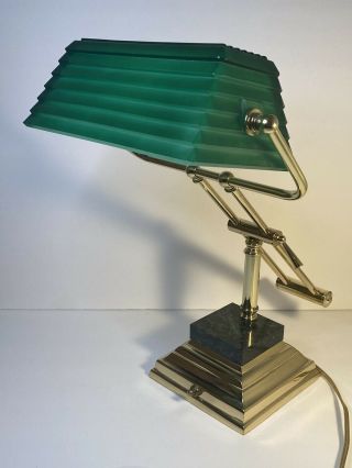 Vintage Art Deco Bankers Desk Lamp Green Glass Shade Student Piano Marble Base
