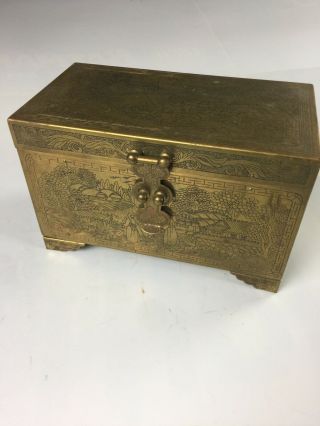 Vintage Chinese Storyteller Engraved Brass Vanity Jewelry Box