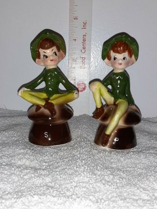Vintage Enesco Japan Pixie Elf Elves On Mushroom Salt & Pepper Shakers Set