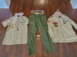 Bsa Boy Scout Uniform - 2 Vintage Shirts With Badges,  Pants W/ Leather Belt