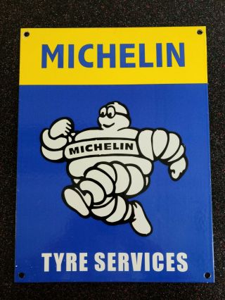 Vintage Michelin Man Tyre Service Metal Porcelain Tires Bibendum Gas 11.  75 " Sign