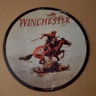 Vintage Porcelain Winchester Cowboy Horseback Hunting Man Cave Garage Rare Sign