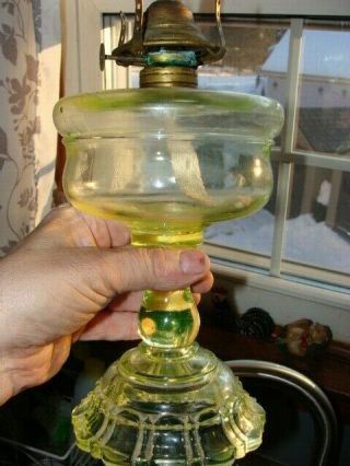 Rare Antique Vaseline Uranium Glass Oil Lamp Plume & Atwood Co Banner Kerosene