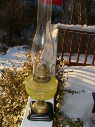 Rare Antique Vaseline Uranium Glass Oil Lamp Wbg Co Eldorado Kerosene Metal Base