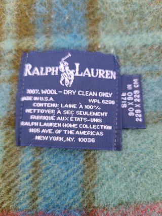 Ralph Lauren Tartan Plaid Wool Blanket 90 X 90 Made In U.  S.  A.  Green Blue Cabin