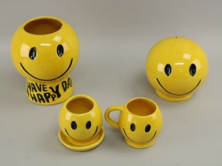Vintage Mccoy Pottery Smiley Face Cookie Jar,  Coin Bank,  Planter & Mug Cup Nm
