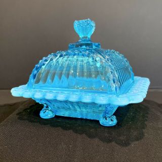 Vintage Eapg Glass/northwood Alaska Pattern Blue Covered Butter Dish
