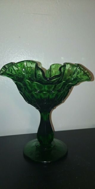 Vintage Fenton Emerald Green Thumbprint Glass Ruffle Rim Compote Candy Dish